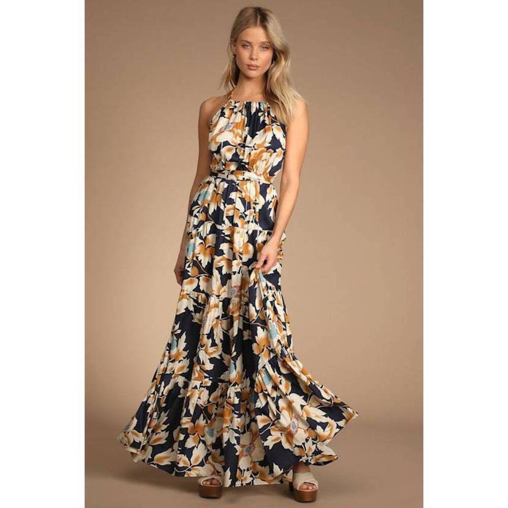 Lulus Heat Wave Babe Navy Blue Floral Print Tie-back Tiered Maxi Dress - Size M